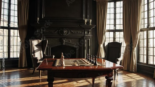 Luxurious classic room with dark fireplace, chessboard and elegant armchairs in golden sunlight


