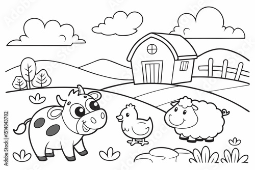 kids coloring page, farm animals, cartoonish, friendly, thick outlines, no color
