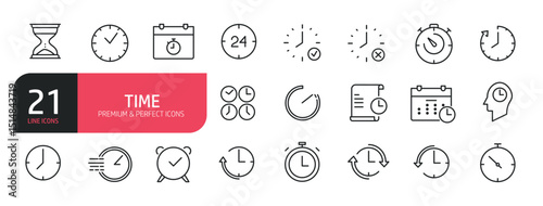 Set of line icons related to time, date, o'clock, alarm, calendar. Outline icons collection. Editable stroke. Vector illustration.