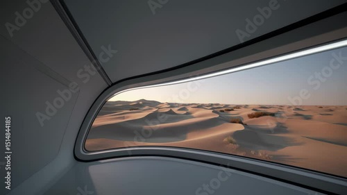 Futuristic vehicle interior with panoramic window overlooking desert dunes