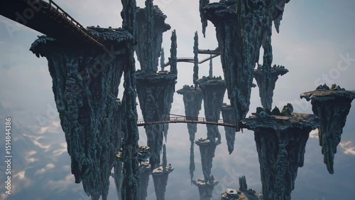 Floating rocky spires connected by narrow bridges suspended high above the clouds in fantasy world