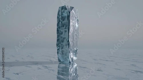 Tall ice monolith standing on reflective frozen surface in cold minimalistic environment