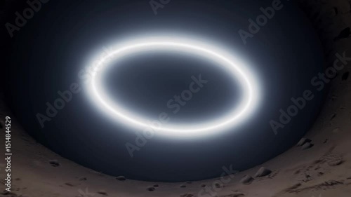 Glowing white ring floating in dark crater-like tunnel surrounded by rocky desert terrain