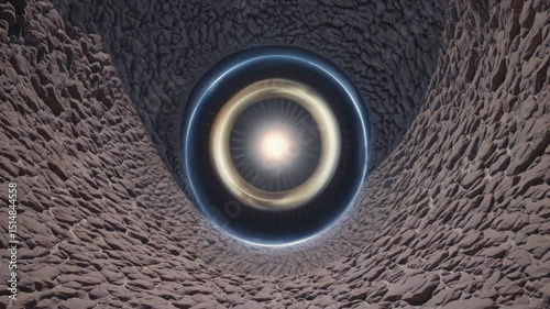 Glowing cosmic orb with radiant core suspended in rocky tunnel resembling portal or gateway