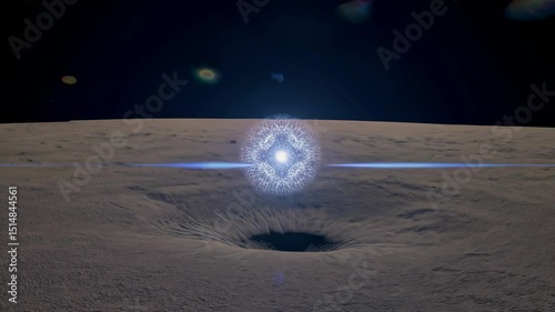 Glowing energy sphere floating above cratered moonlike surface in dark outer space