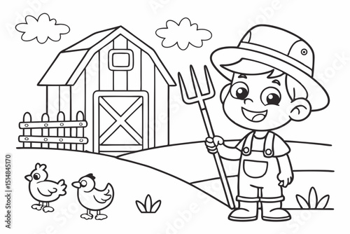 kids coloring page, farmer, cartoonish, friendly, thick outlines, no color