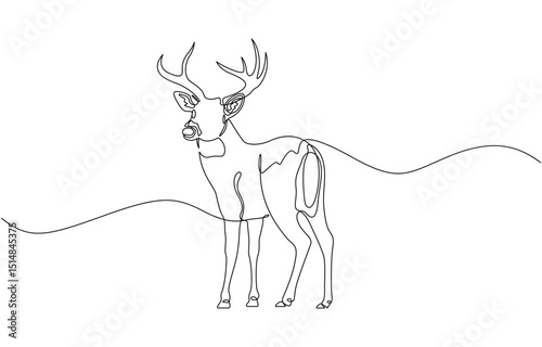 Continuous line drawing of deer horned. Single line illustration of deer or moose. Hunting animal, Elegant Deer Illustration In Continuous Line Style Minimalist Single Stroke Art Drawing.