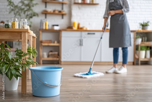 Cleaning Routine in a Modern Kitchen with Mop and Bucket