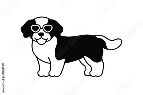cartoon type  beautiful dog with wearing sunglass line art vector illustration