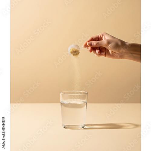 Elegant side view of a woman’s hand pouring collagen powder from a scoop into a clear glass of water set against a soft beige textured background