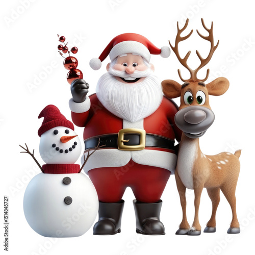 Santas Trio Festive Cartoon Santa with Reindeer, and and Snowman on Transparent.