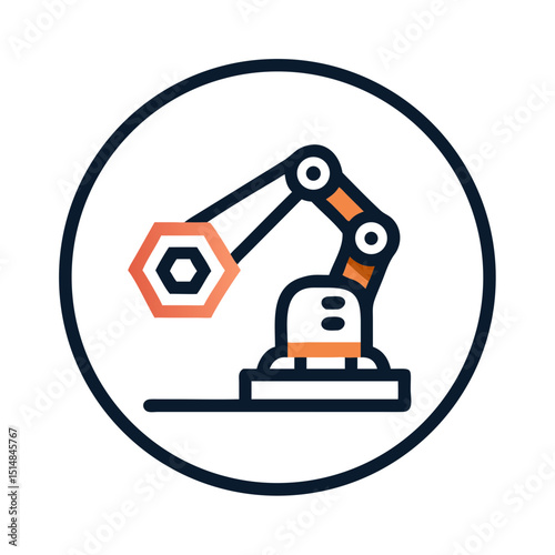 Robotic arm icon with hex bolt in industrial flat design