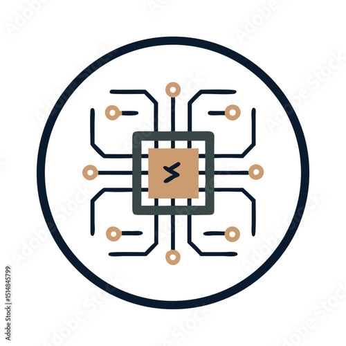CPU chip icon with circuit lines and flat microprocessor