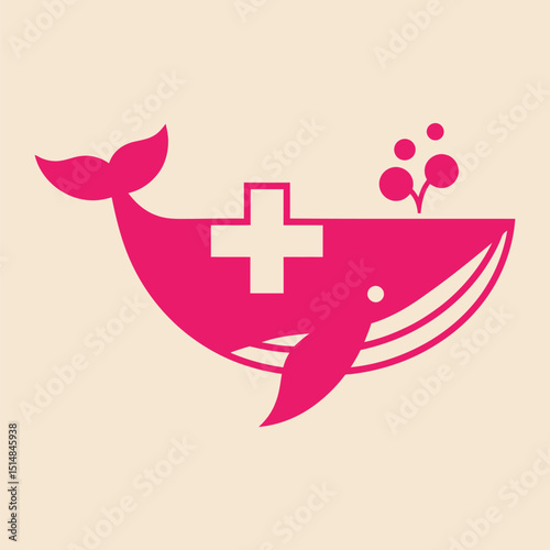 A vibrant pink whale illustration featuring a medical cross symbol.