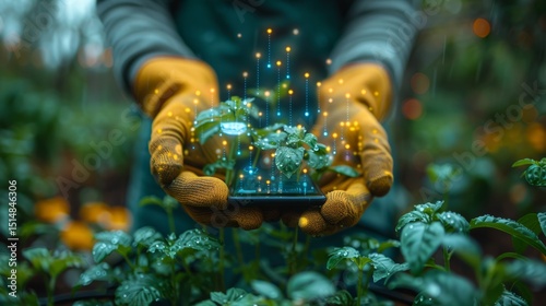 Gardener using smartphone to monitor plants
