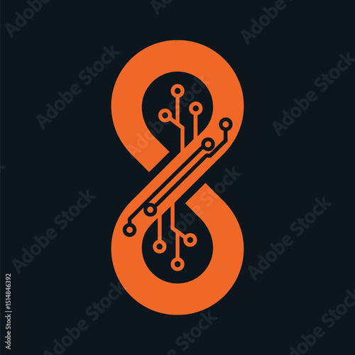 Orange infinity symbol with circuit board design on dark background.