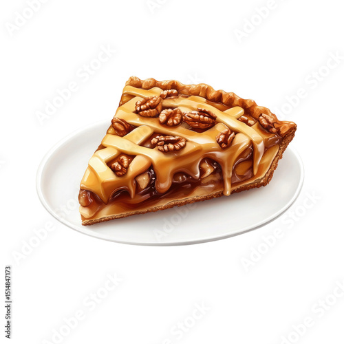 Slice of Walnut Caramel Pie  Delicious Dessert on White Plate.
