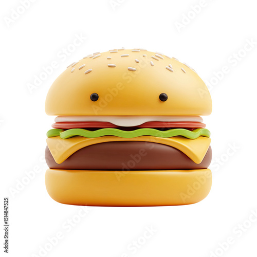 Smiling 3D Burger Delicious Cartoon Food Icon on Black.