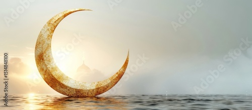 Golden Crescent Moon in a Misty Sky