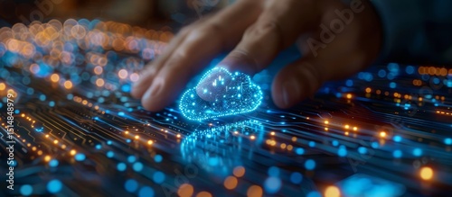 Hand Interaction with Digital Cloud on Circuit Board Background