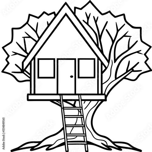 Treehouse Vector Illustration Black and White Graphic Icon