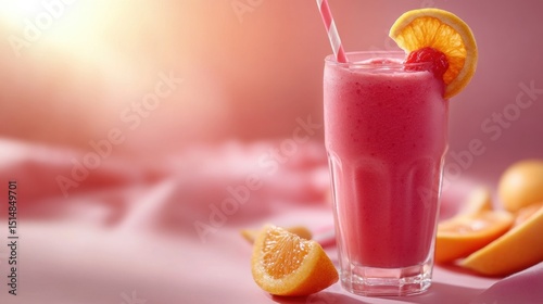 Refreshing pink strawberry smoothie with orange slices in tall glass with striped straw in bright soft background perfect for summer hot weather or healthy beverage ads