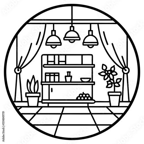 Interior Scene Vector Illustration Shelf Plants Line Art Circle Icon
