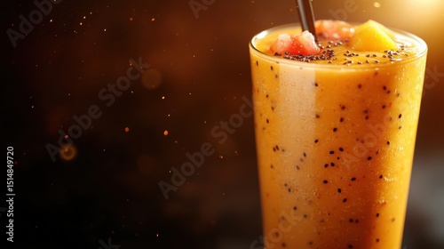 Refreshing tropical fruit smoothie drink with blended mango and passion fruit in a tall glass with floating fruit pieces and a straw on a warm background