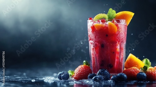 Refreshing fruity summer cocktail with fresh berries lemon slice mint leaves and ice served in a tall glass on a dark background
