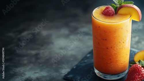 Refreshing tropical fruit smoothie in a clear glass garnished with fresh strawberries and a peach slice on a dark textured background