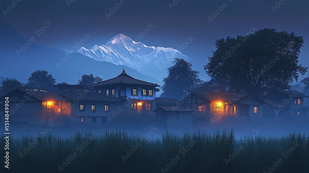 Obraz premium Misty village at dawn with snow-capped mountain