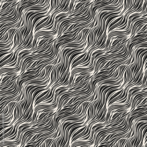 Vector seamless pattern with organic shapes, liquid lines, waves, fibers, threads, biological structures. Abstract diagonal tangled line background. Black and white natural texture. Repeating design