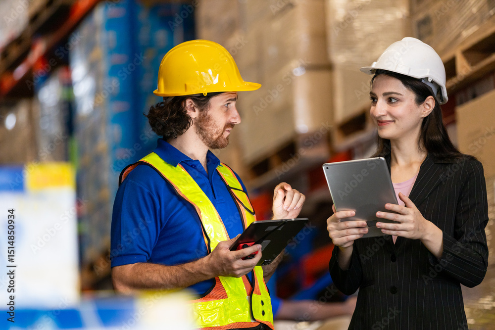Female manager and male worker checking on shelf with digital tablet in warehouse. Professional workers management business delivery import - export online stock for logistics. Female manager and male worker checking on shelf with digital tablet in warehouse. Professional workers management business delivery import - export online stock for logistics.
