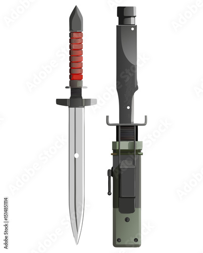 detailed military knife vector with sheath and belt holster, on white background
