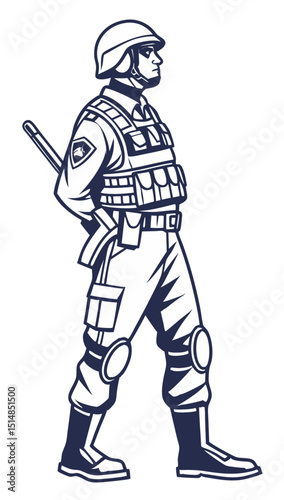 vector of MP soldier with armband, baton and communication device, clean linework on white

