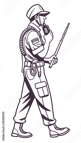 vector of MP soldier with armband, baton and communication device, clean linework on white
