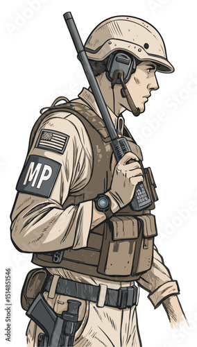 vector of MP soldier with armband, baton and communication device, clean linework on white
