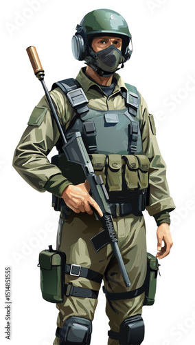 vector of MP soldier with armband, baton and communication device, clean linework on white
