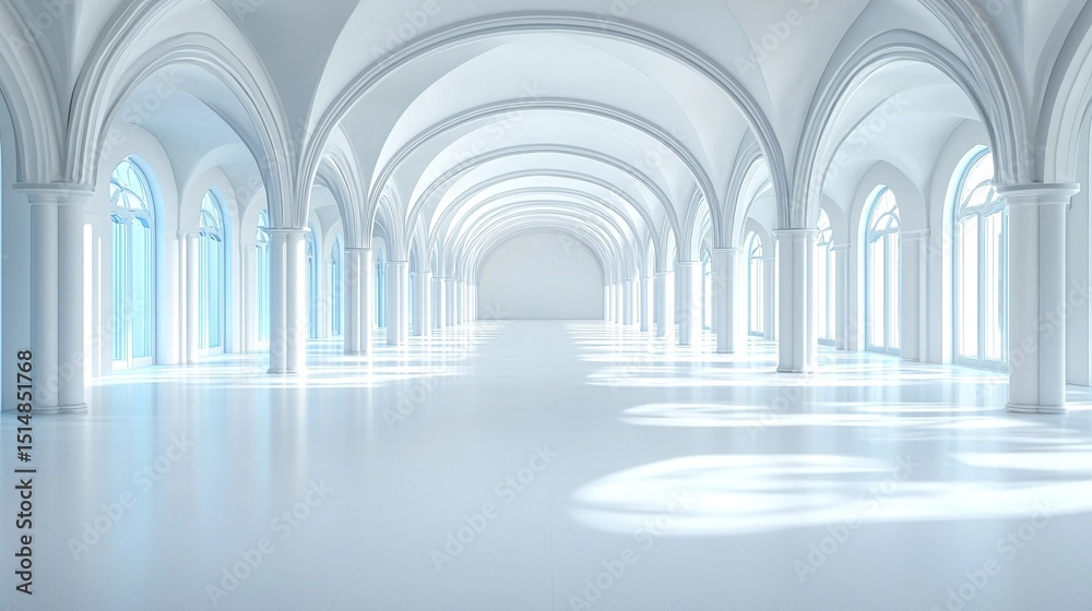 Bright White Minimalist 3D Render of a Grand Hall with Columns and Arches Bright White Minimalist 3D Render of a Grand Hall with Columns and Arches