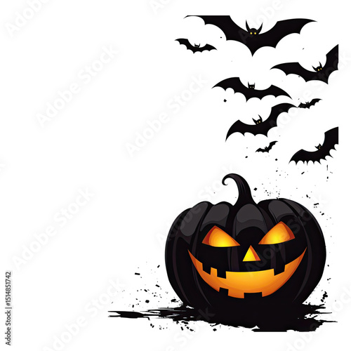 Spooky Black Pumpkin  Bats Silhouettes on Dark Night for Halloween.