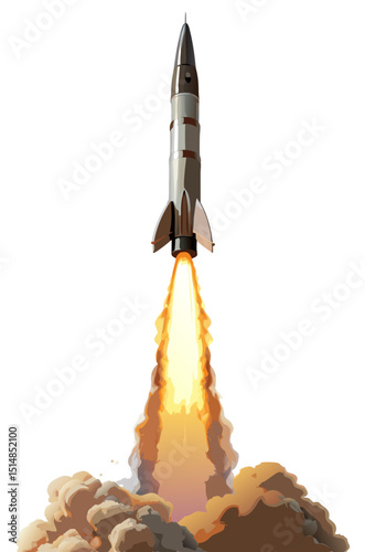 vector of missile launching into air with smoke plume and fire trail, isolated on white
