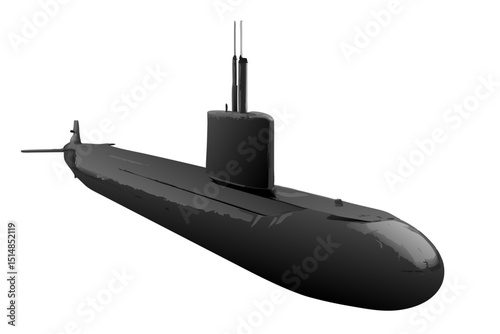 modern attack submarine in dark silhouette vector, periscope raised, white background
