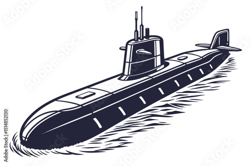 modern attack submarine in dark silhouette vector, periscope raised, white background

