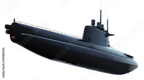 modern attack submarine in dark silhouette vector, periscope raised, white background
