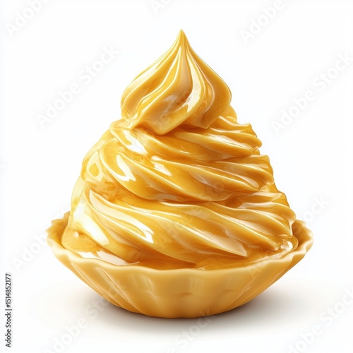 Delicious creamy swirl of caramel frosting or spread in a bowl with smooth texture and golden color, perfect for desserts and sweet treats