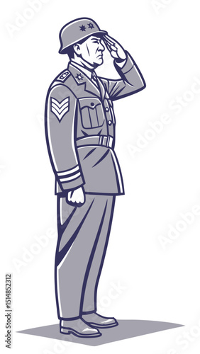 older soldier in uniform saluting with visible medals, respectful tone vector on white
