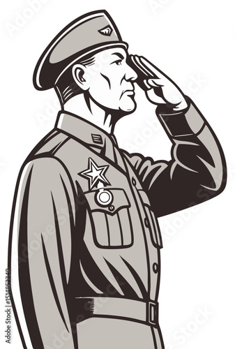 older soldier in uniform saluting with visible medals, respectful tone vector on white
