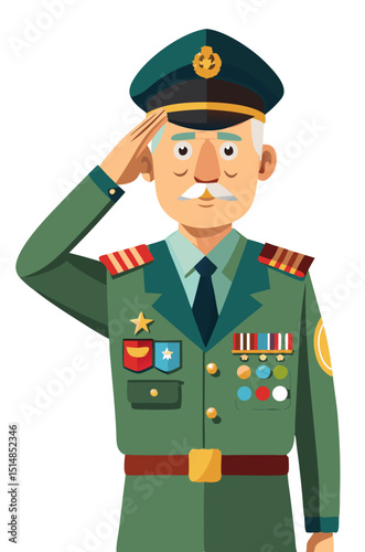 older soldier in uniform saluting with visible medals, respectful tone vector on white

