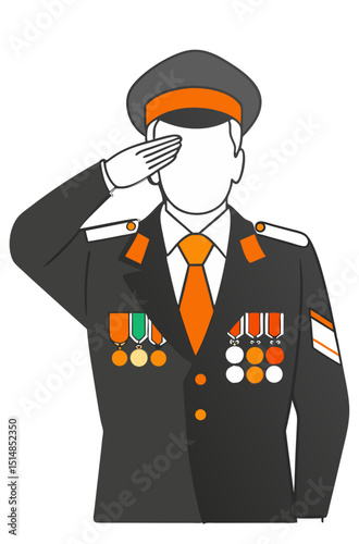 older soldier in uniform saluting with visible medals, respectful tone vector on white
