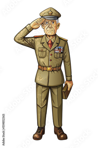 older soldier in uniform saluting with visible medals, respectful tone vector on white
